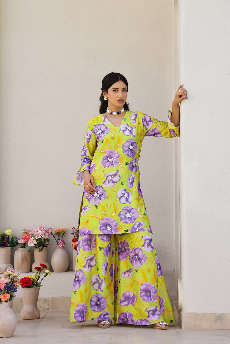 Garden- Green Printed Kurta with Sharara - Set of 3