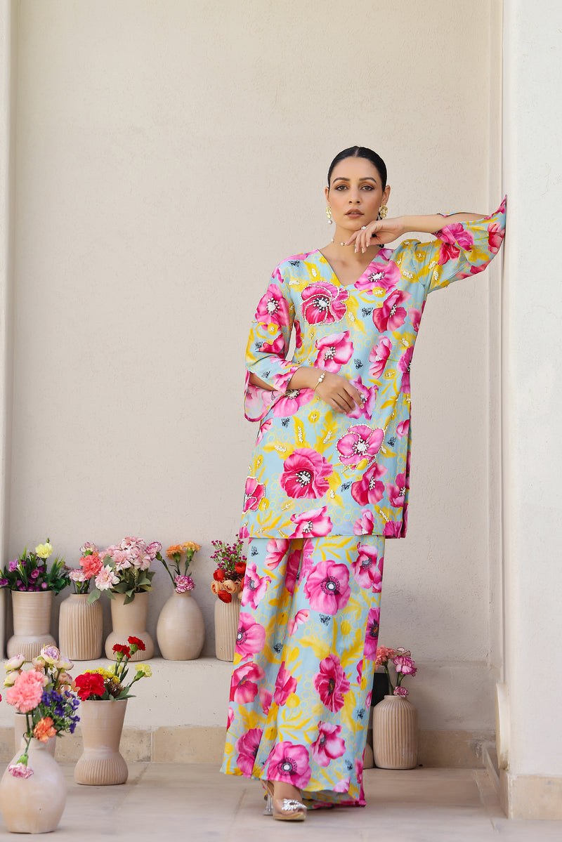 Garden- Mint Printed Kurta with Sharara - Set of 3