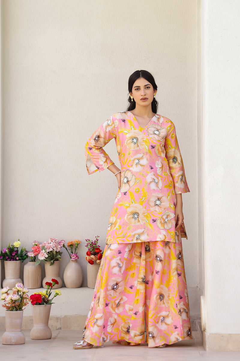 Garden- Pink Printed Kurta with Sharara - Set of 3