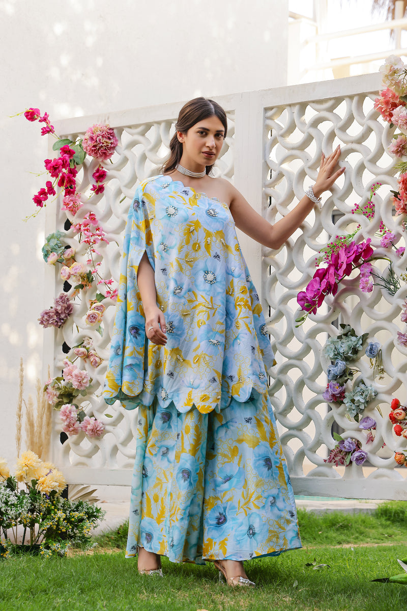 Garden- Blue Printed Off-Shoulder with Sharara - Set of 2