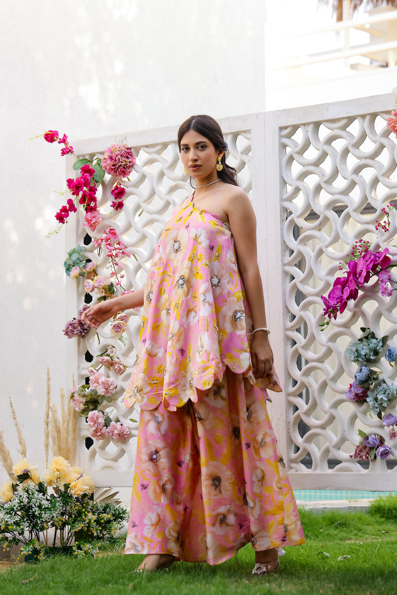 Garden- Pink Printed Off-Shoulder with Sharara - Set of 2