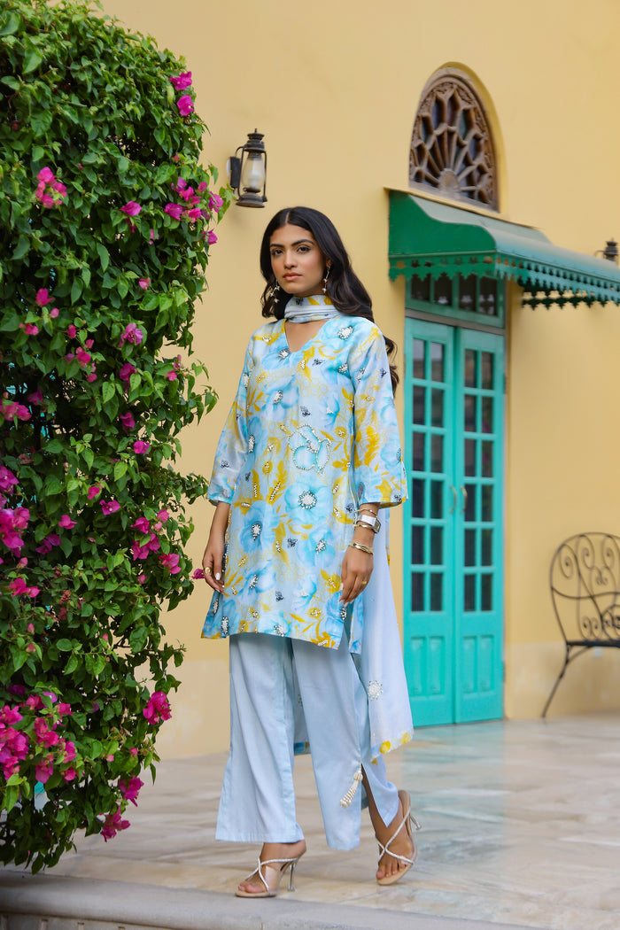 Garden- Blue Printed Short Kurta Set