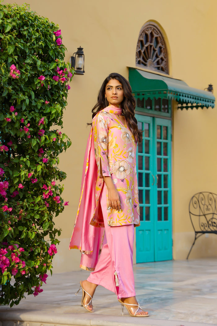 Garden- Pink Printed Short Kurta Set