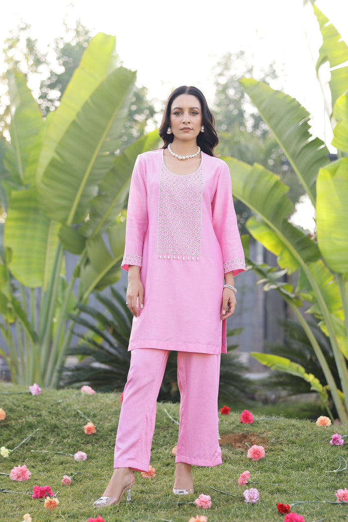 Garden- Pink Yoke Embroidered Solid Short Kurta Set