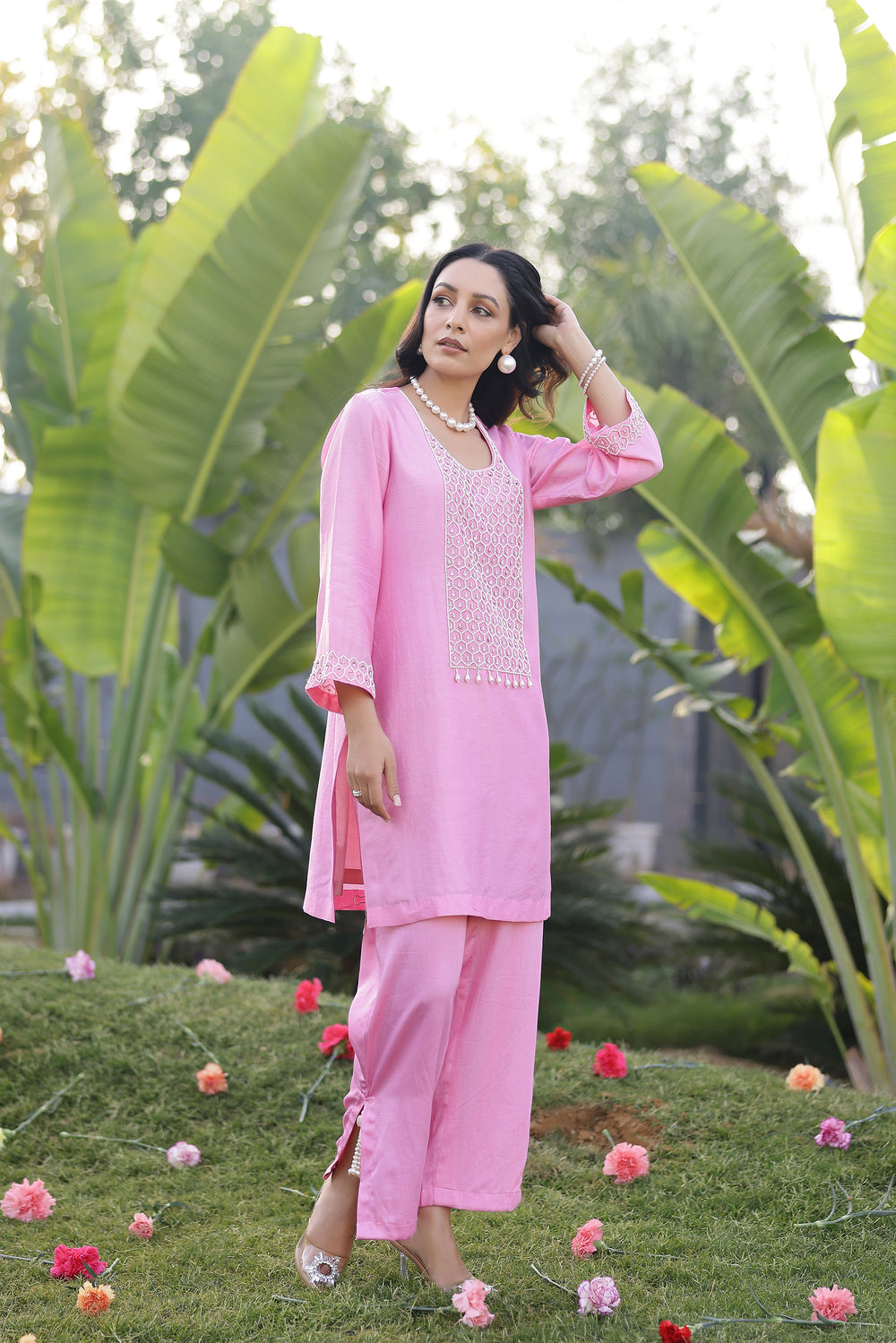 Garden- Pink Yoke Embroidered Solid Short Kurta Set