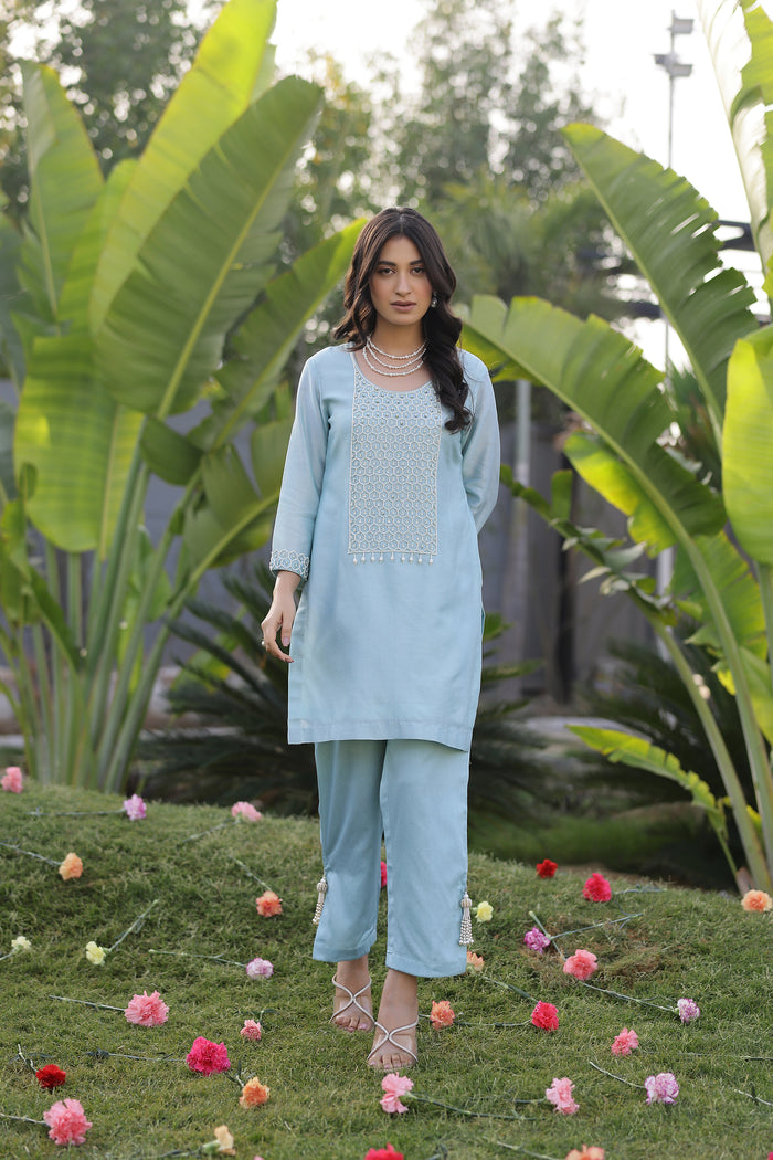 Garden- Mint Yoke Embroidered Solid Short Kurta Set