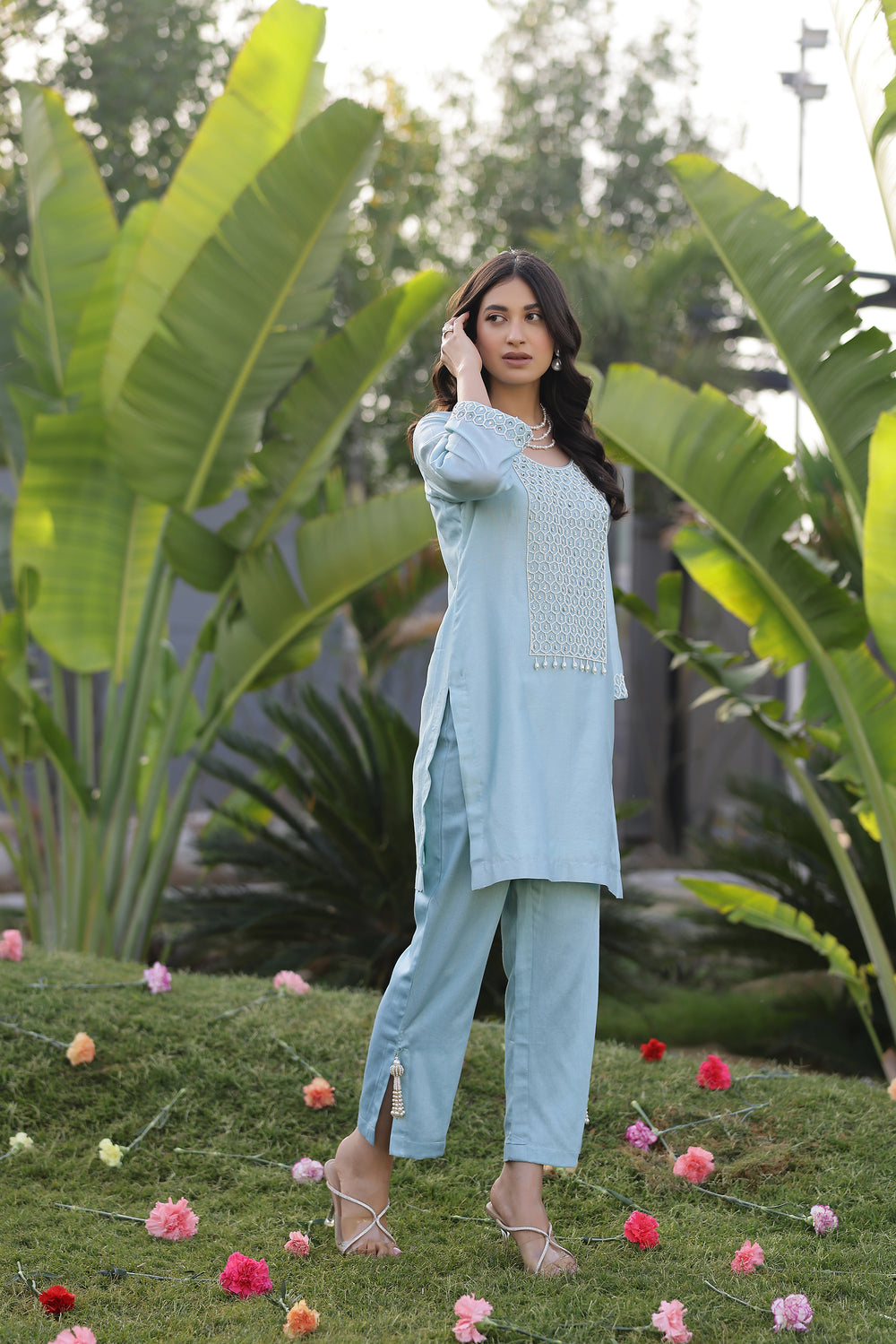 Garden- Mint Yoke Embroidered Solid Short Kurta Set