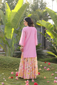 Garden- Pink Yoke Embroidered Kurta With Printed Sharara - Set of 3