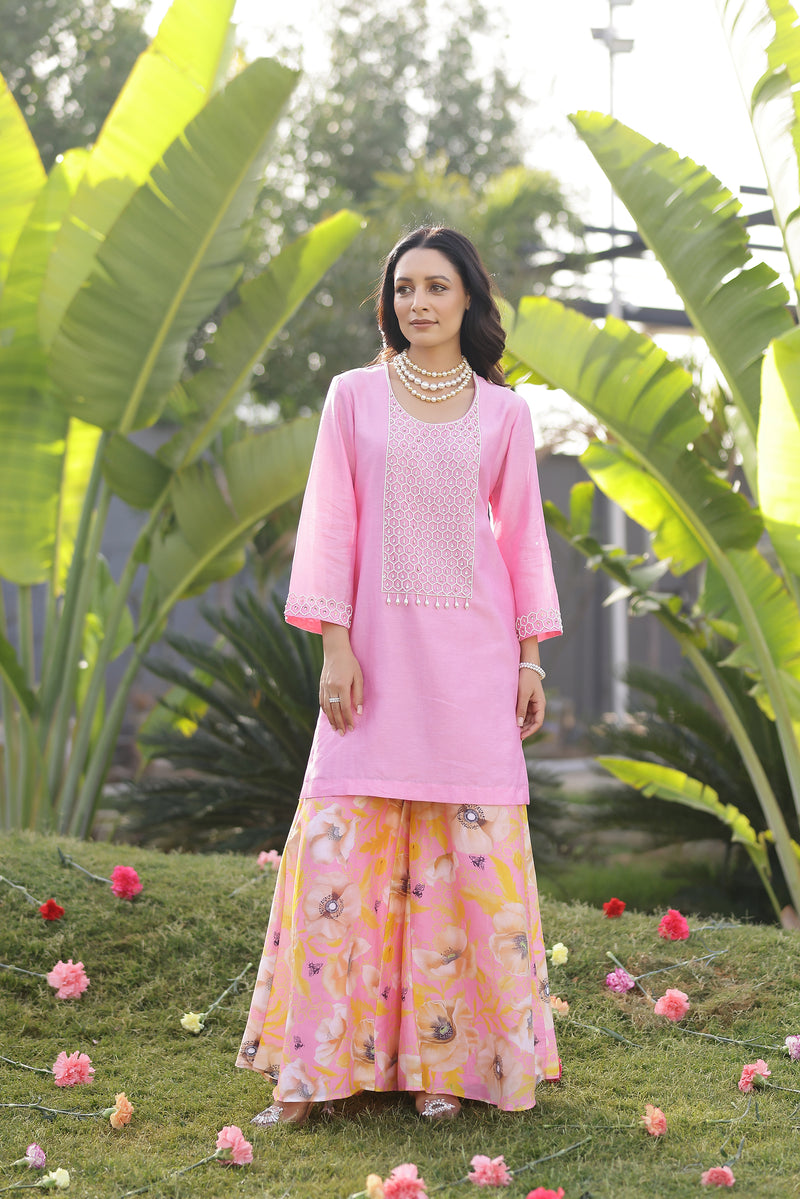 Garden- Pink Yoke Embroidered Kurta With Printed Sharara - Set of 3