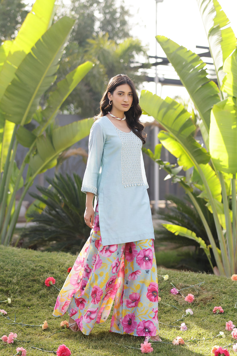 Garden- Mint Yoke Embroidered Kurta With Printed Sharara - Set of 3