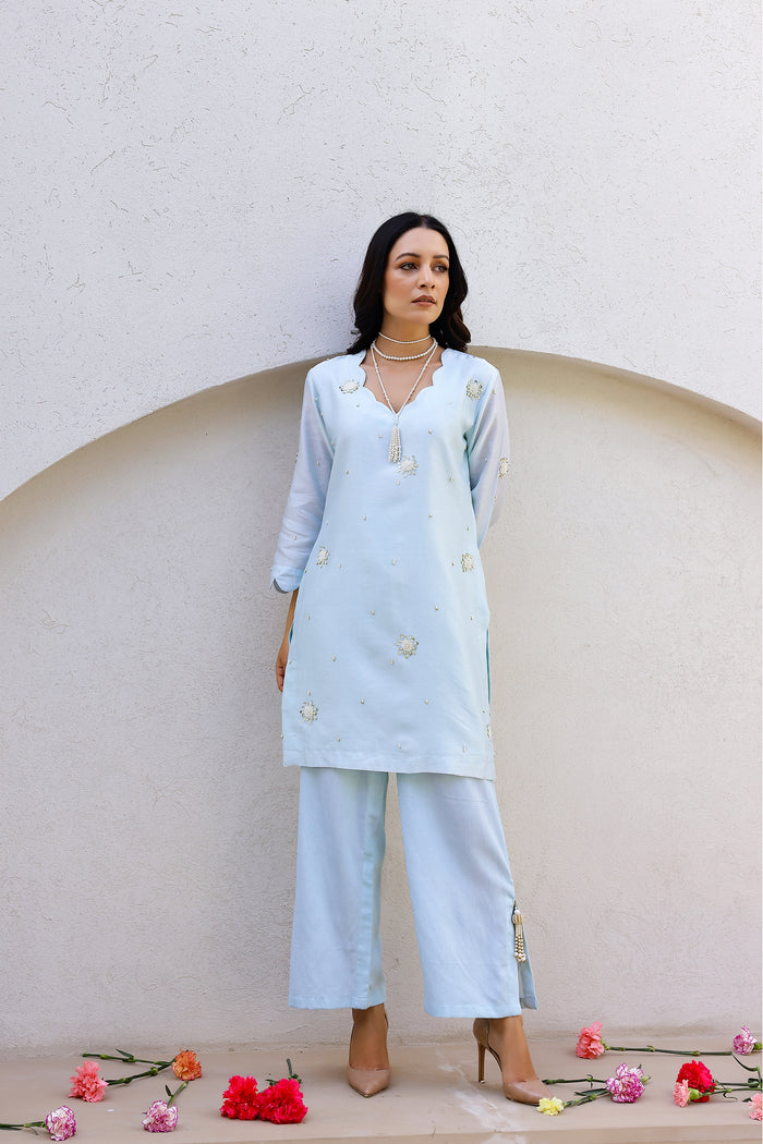 Garden- Blue Embroidered Solid Short Kurta Set