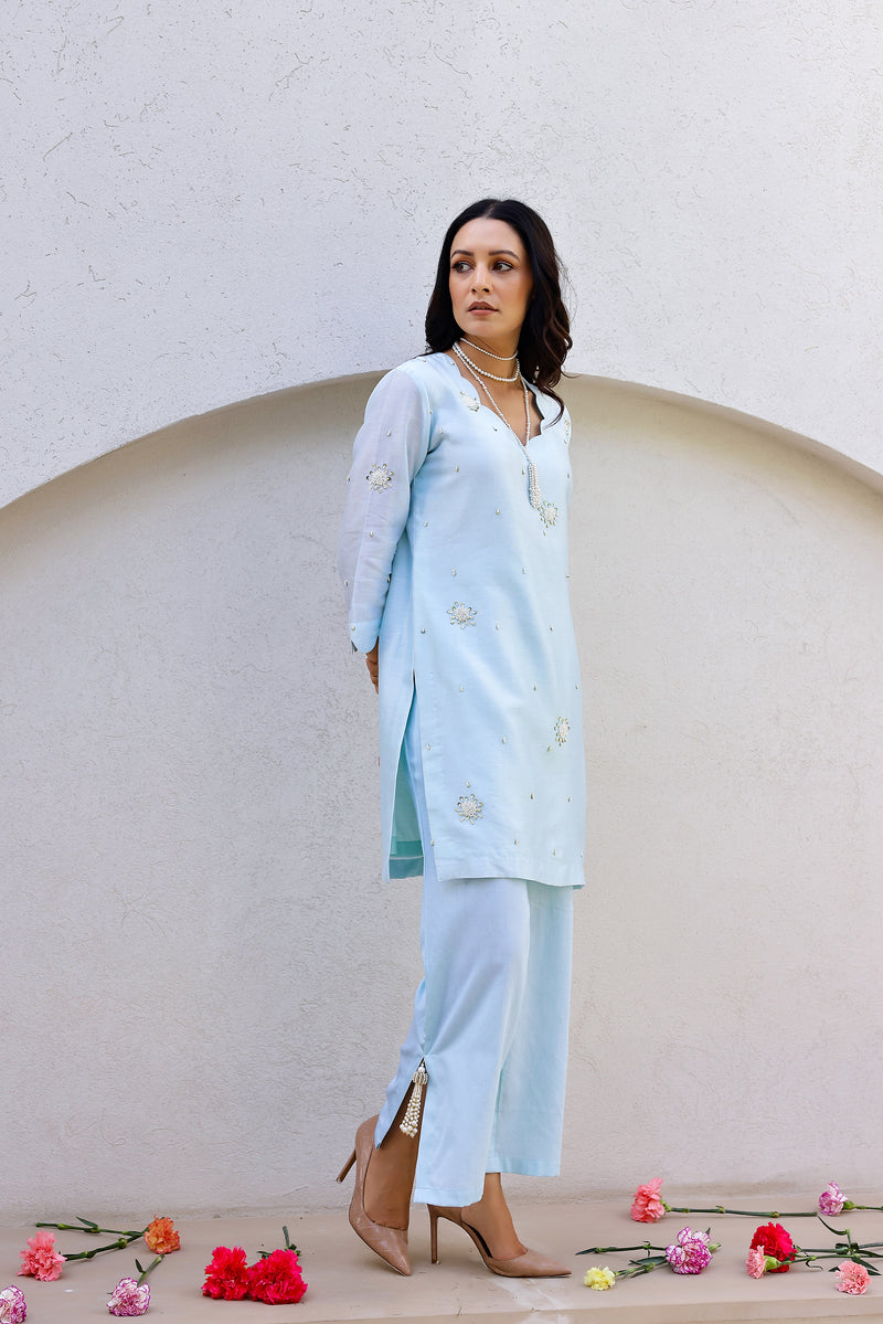 Garden- Blue Embroidered Solid Short Kurta Set