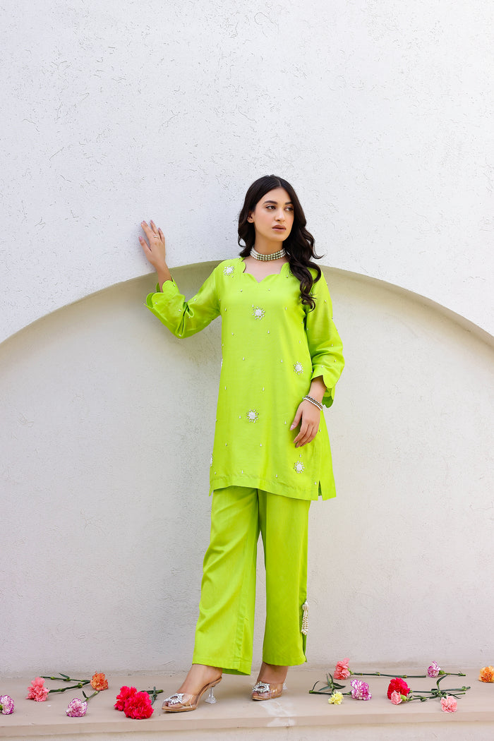 Garden- Green Embroidered Solid Short Kurta Set