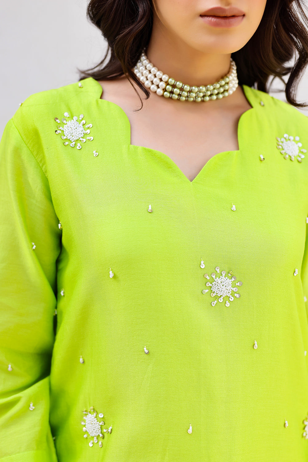 Garden- Green Embroidered Solid Short Kurta Set