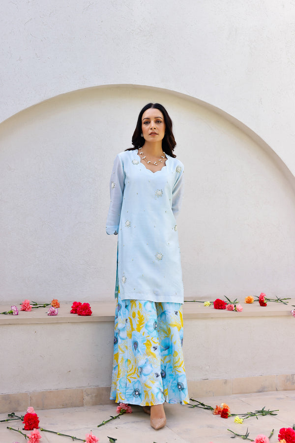 Garden- Blue Embroidered Solid Kurta With Printed Sharara - Set of 3