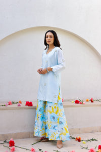 Garden- Blue Embroidered Solid Kurta With Printed Sharara - Set of 3