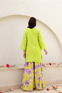 Garden- Green Embroidered Solid Kurta With Printed Sharara - Set of 3
