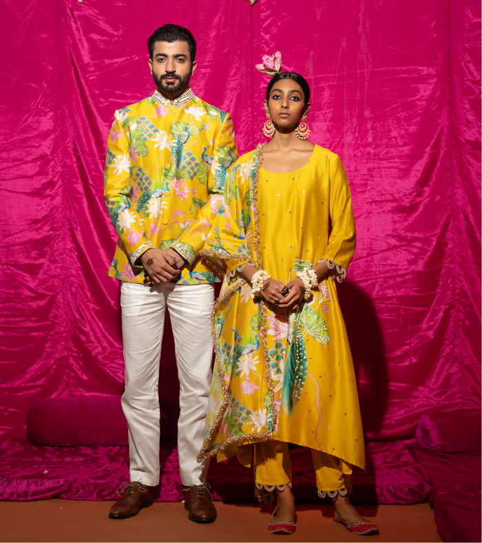 Bhādõ Yellow Twinning Bandhgala & A-Line Kurta Bundle