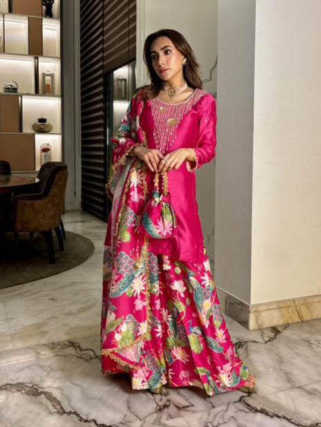 Seema Diwan in Bhādõ 2.0- Rani Pink Embroidered Kurta with Sharara  - Set of 3
