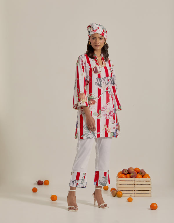 Bloom Voyage - Red Stripe Printed Short Kurta- Set of 2