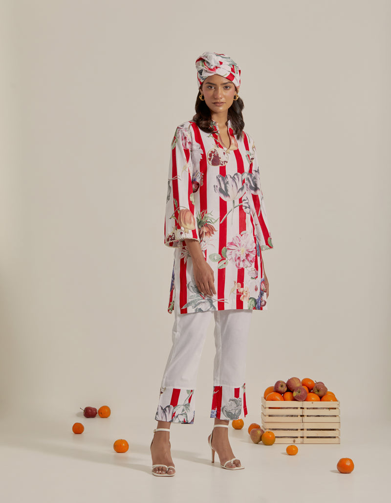Bloom Voyage - Red Stripe Printed Short Kurta- Set of 2