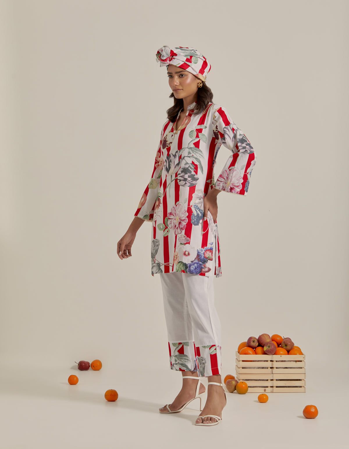 Bloom Voyage - Red Stripe Printed Short Kurta- Set of 2