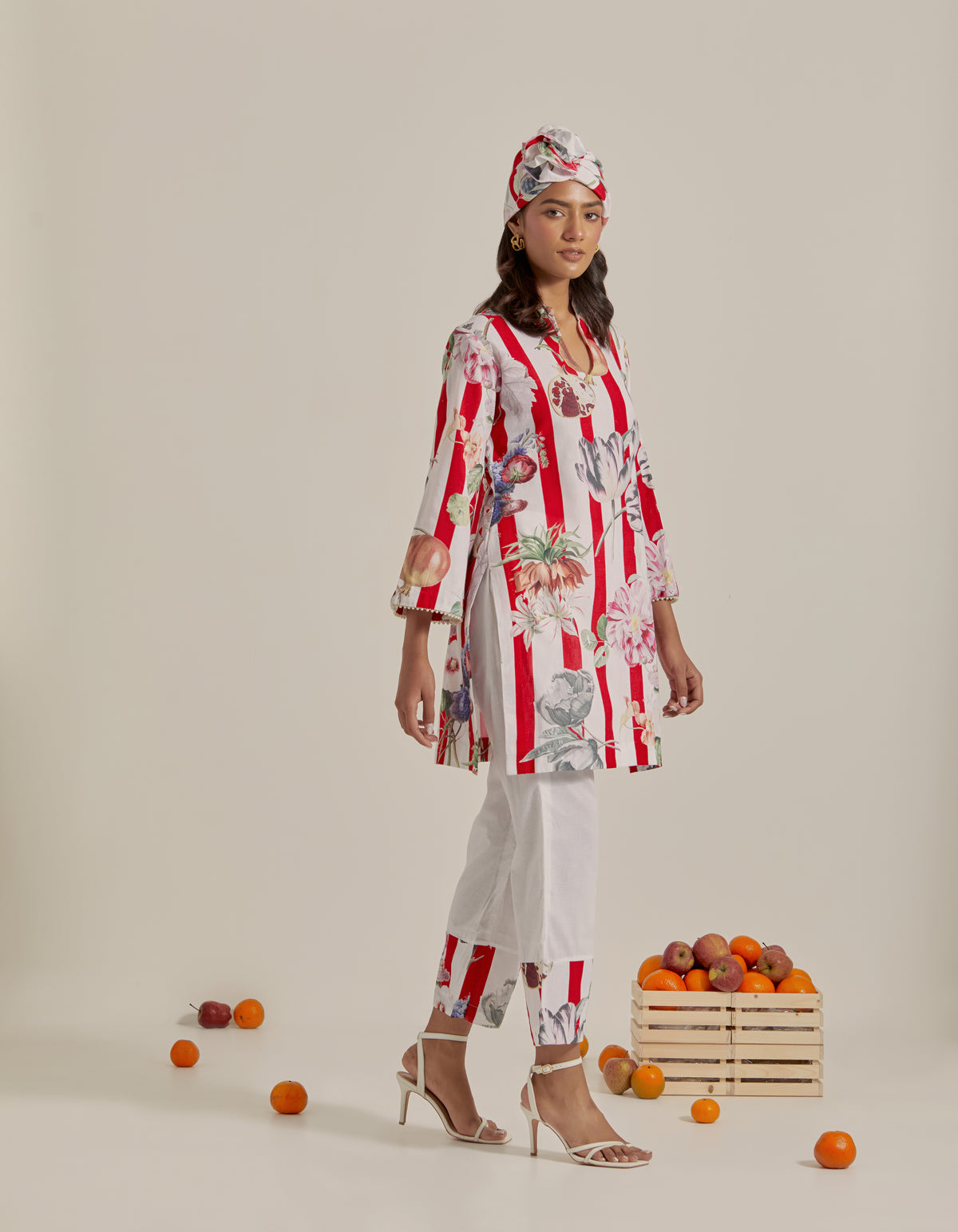Bloom Voyage - Red Stripe Printed Short Kurta- Set of 2