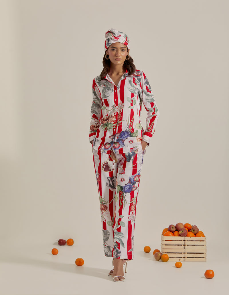 Bloom Voyage - Red Stripe Printed Shirt Co-Ord - Set of 2