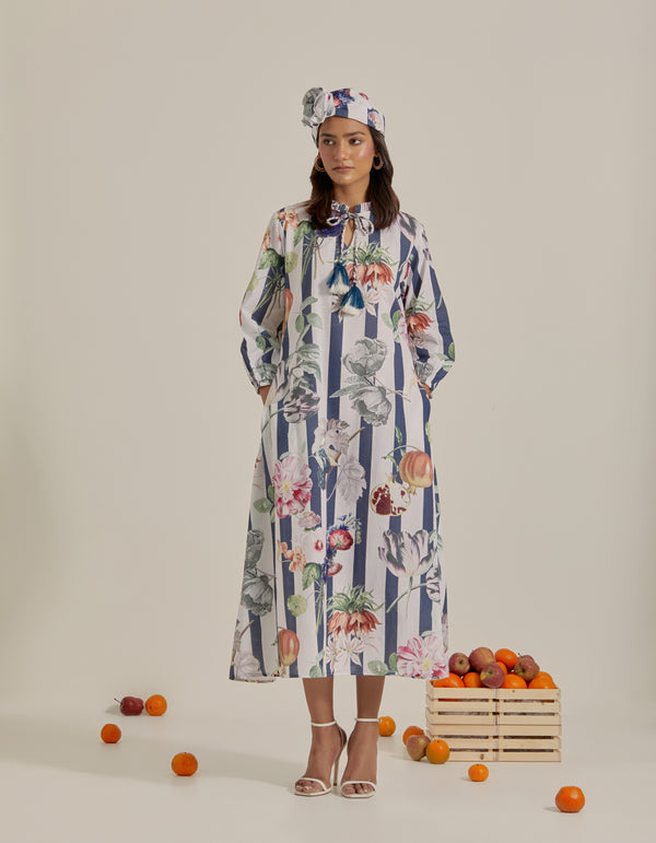 Bloom Voyage - Navy Blue Stripe Printed Dress