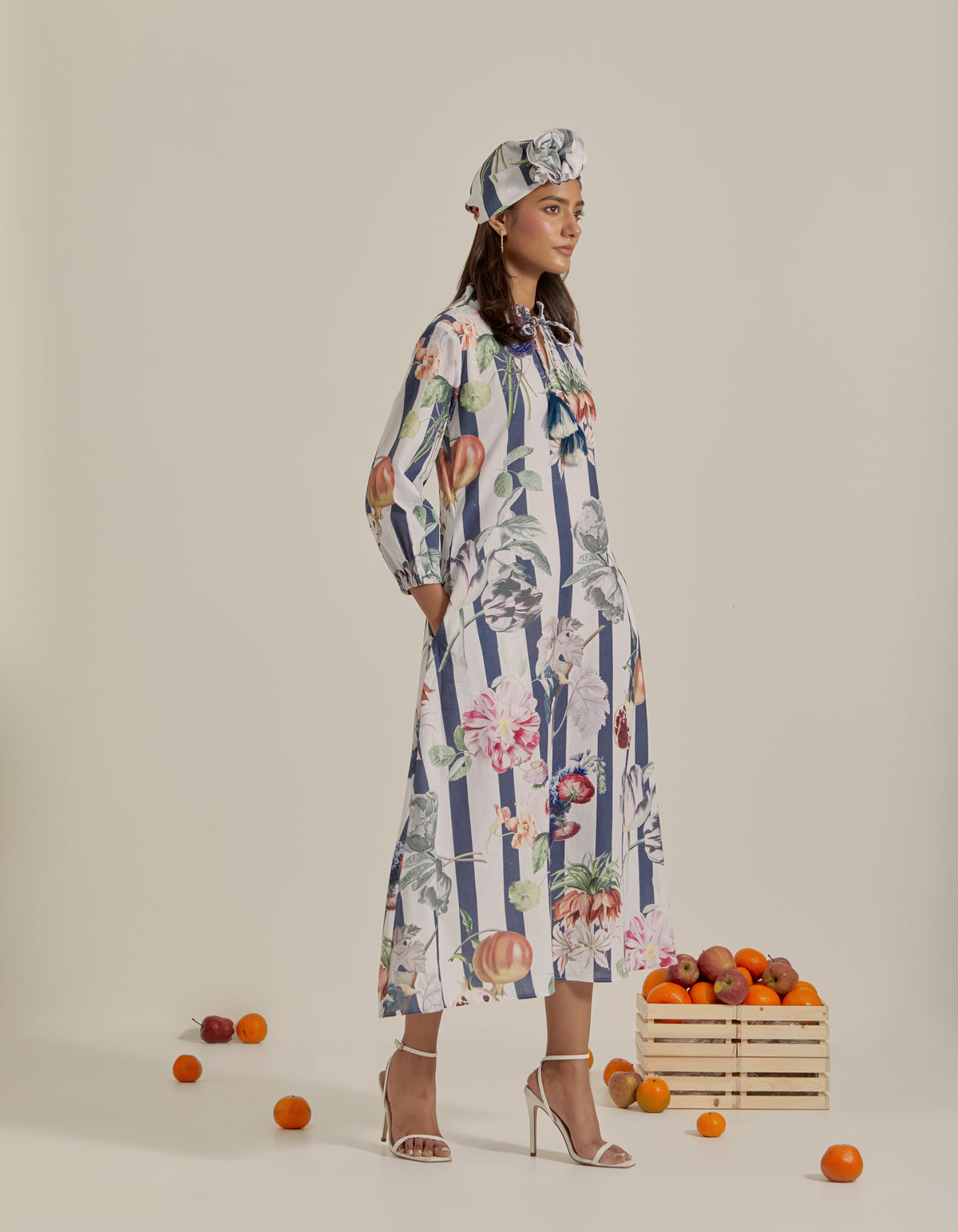 Bloom Voyage - Navy Blue Stripe Printed Dress