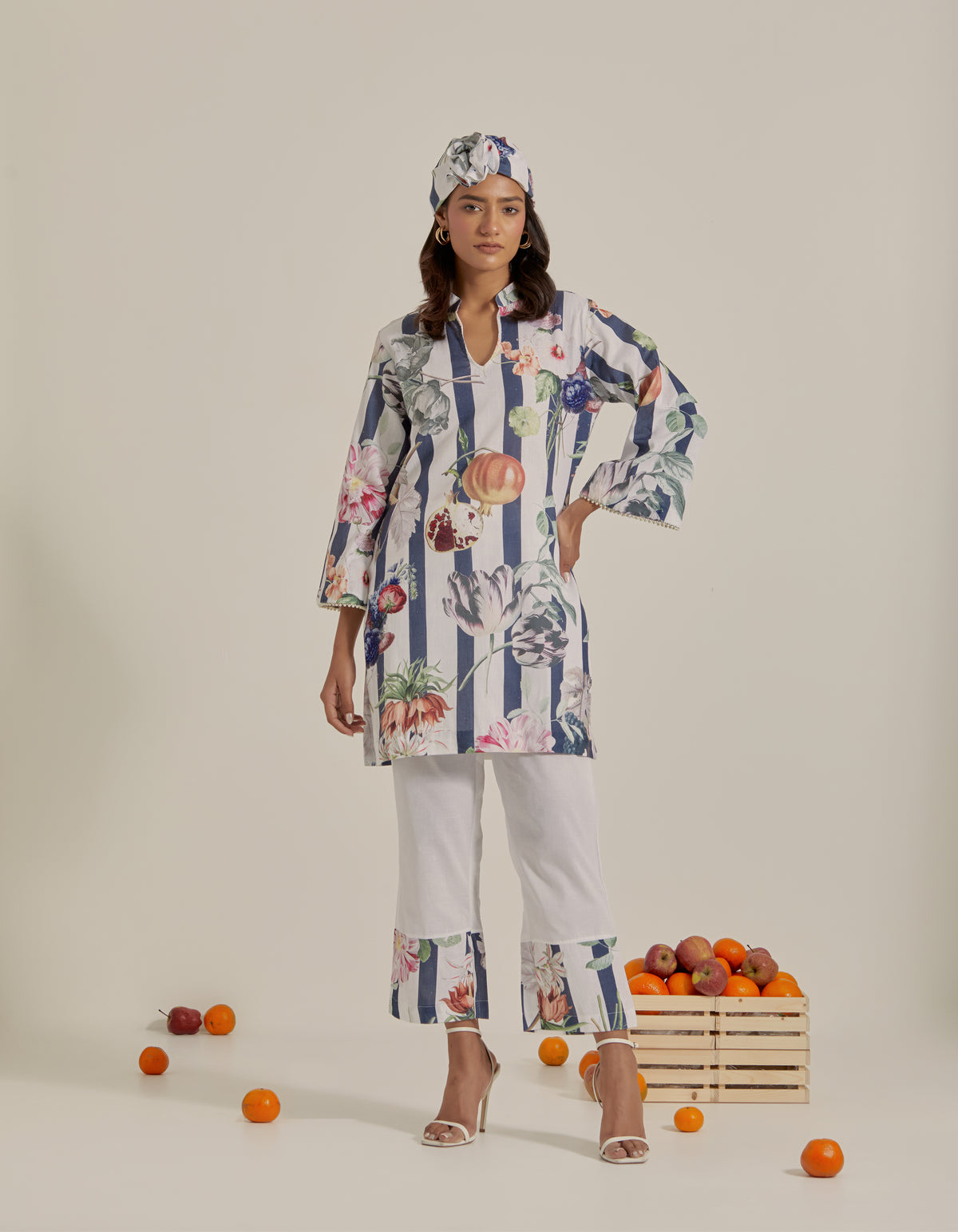 Bloom Voyage - Navy Blue Stripe Printed Short Kurta- Set of 2