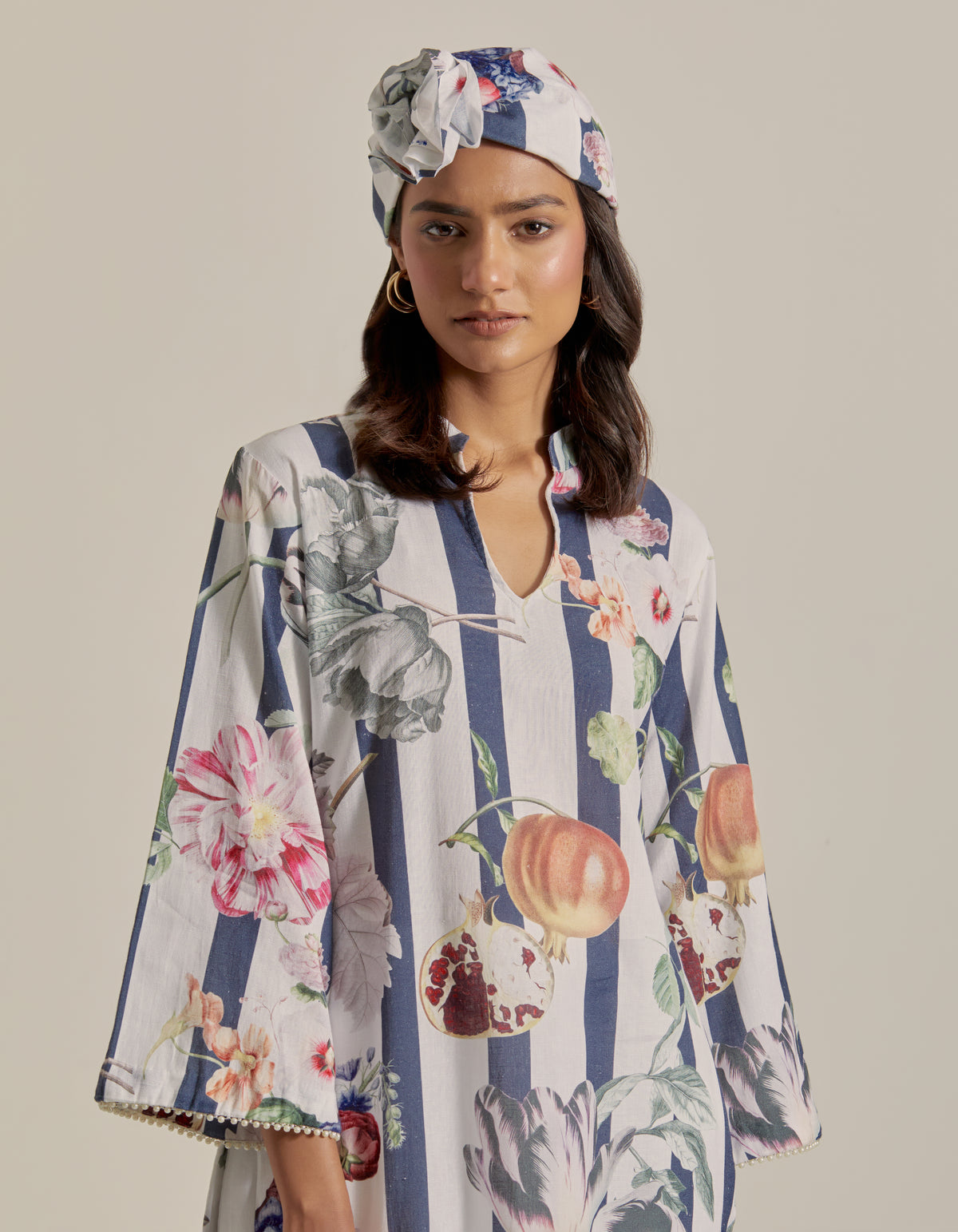 Bloom Voyage - Navy Blue Stripe Printed Short Kurta- Set of 2