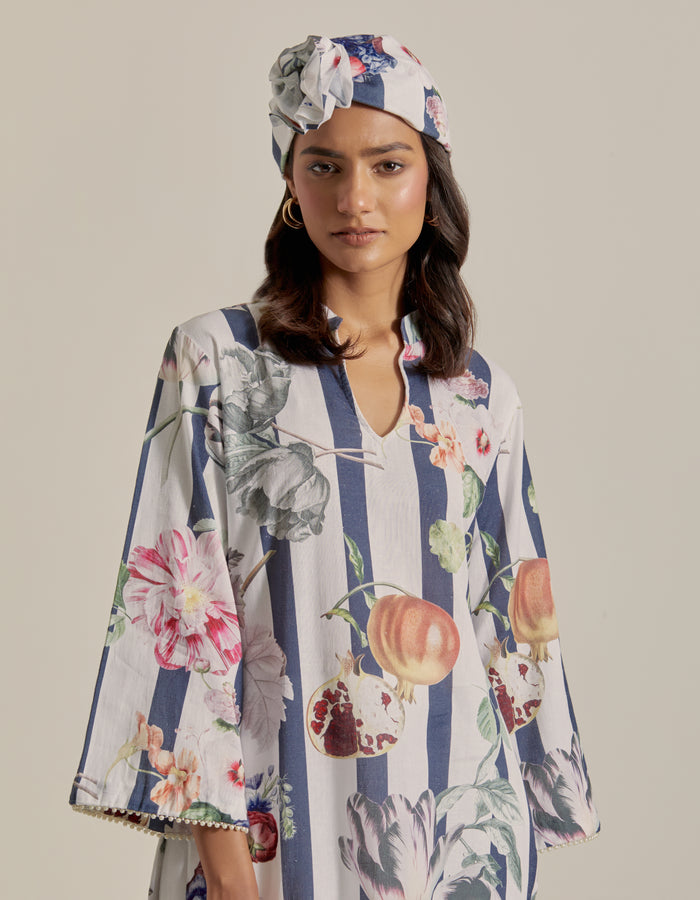 Bloom Voyage - Navy Blue Stripe Printed Short Kurta- Set of 2