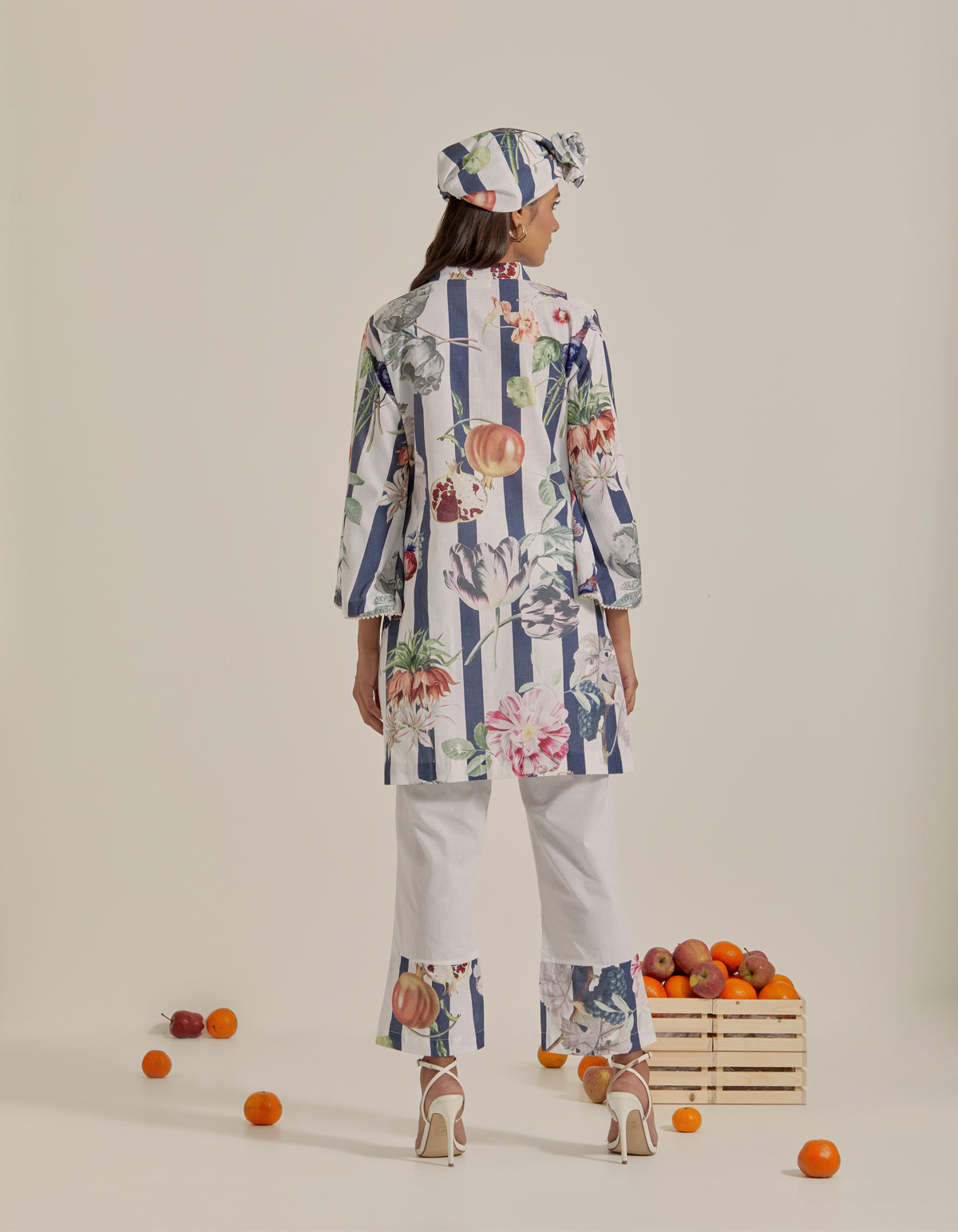 Bloom Voyage - Navy Blue Stripe Printed Short Kurta- Set of 2