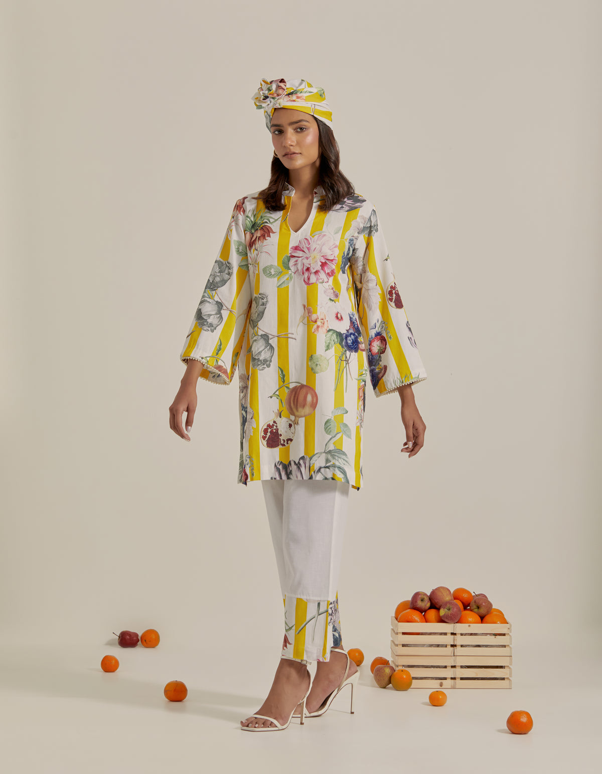Bloom Voyage - Yellow Stripe Printed Short Kurta- Set of 2