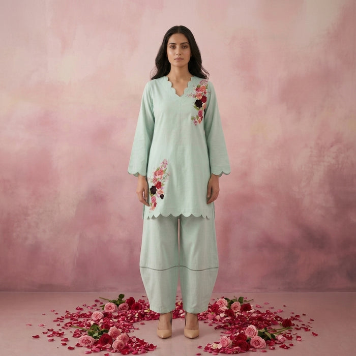 Rose - Sea Green Scalloped Kurta Set of 2