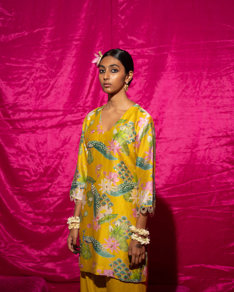 Bhādõ- Yellow Printed Short Kurta Set