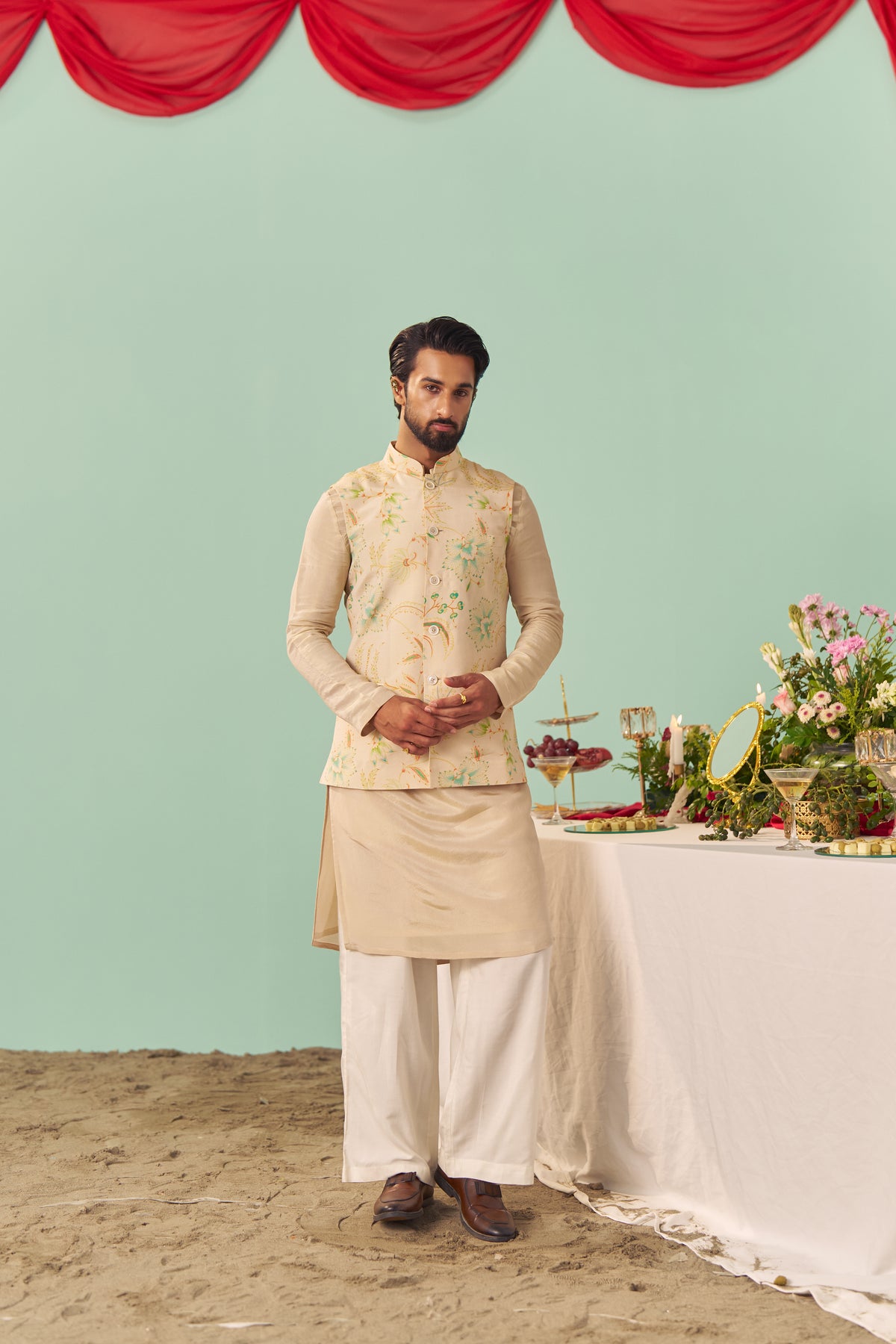 Ivory Chintz Tissue Silk Printed Nehru Jacket Set