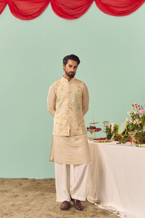 Ivory Chintz Tissue Silk Printed Nehru Jacket Set