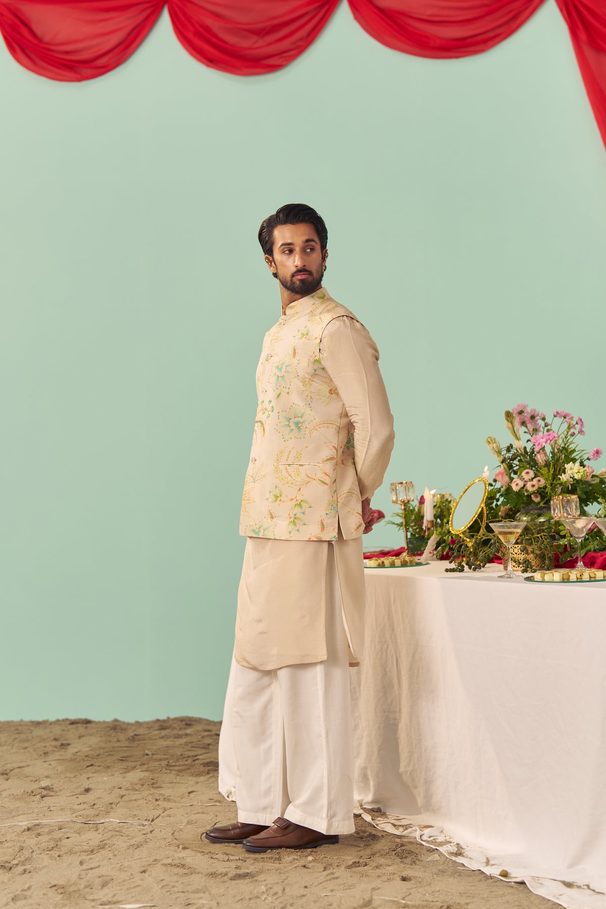 Ivory Chintz Tissue Silk Printed Nehru Jacket Set