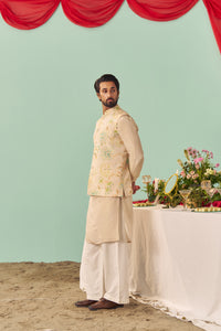 Ivory Chintz Tissue Silk Printed Nehru Jacket Set
