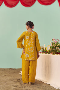 Mustard Chintz Panel Tissue Silk Short Kurta Set