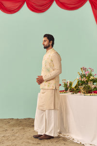 Ivory Chintz Tissue Silk Printed Nehru Jacket Set