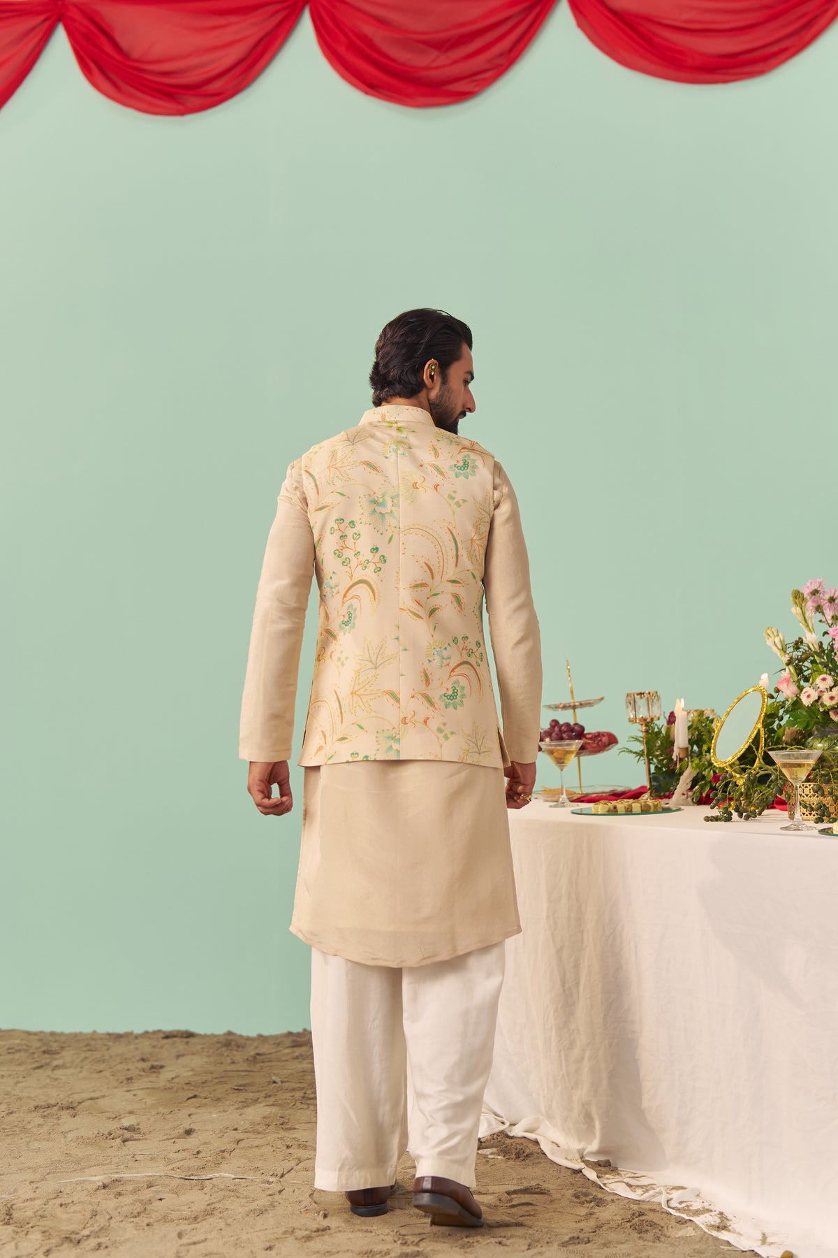 Ivory Chintz Tissue Silk Printed Nehru Jacket Set