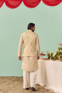 Ivory Chintz Tissue Silk Printed Nehru Jacket Set