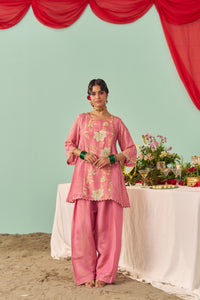 Blush Pink Chintz Panel Tissue Silk Short Kurta Set