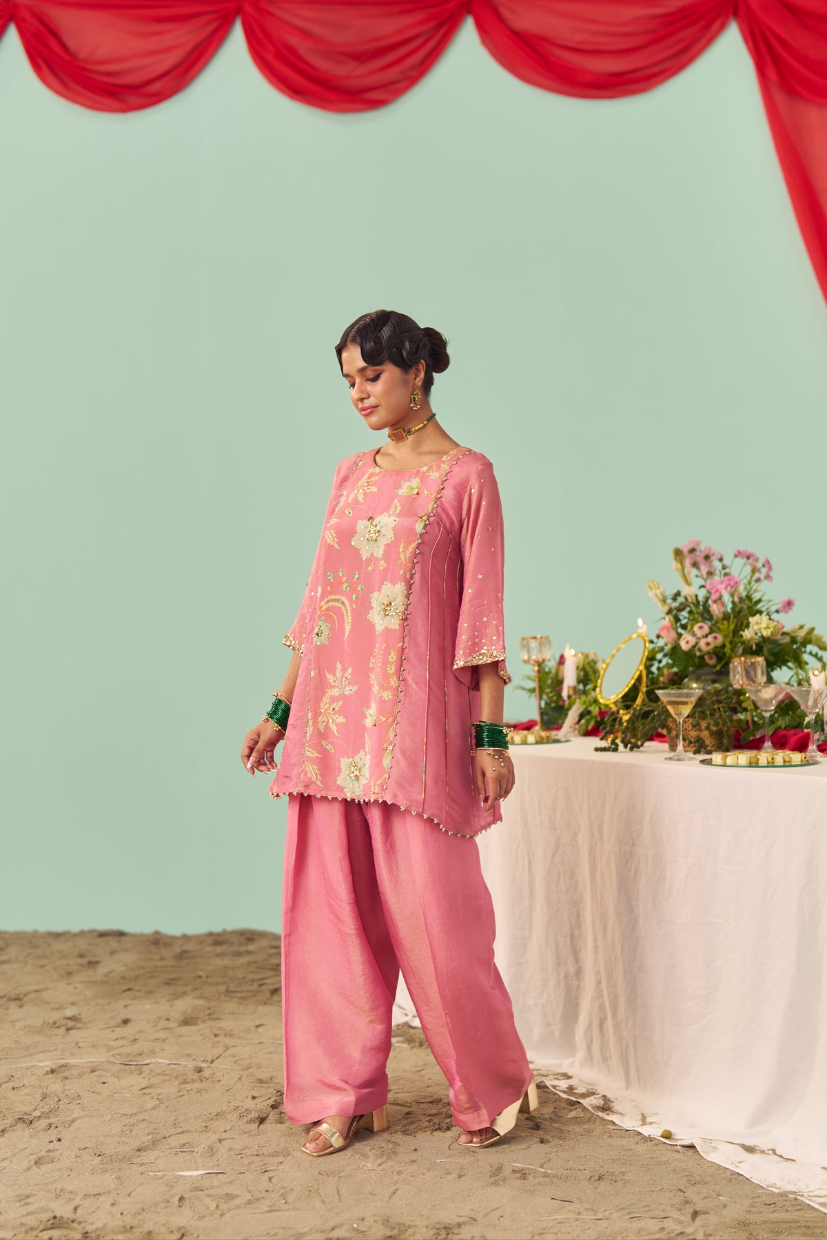 Blush Pink Chintz Panel Tissue Silk Short Kurta Set