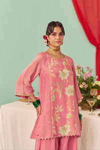 Blush Pink Chintz Panel Tissue Silk Short Kurta Set