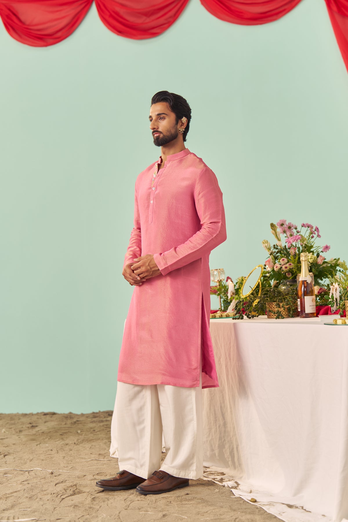 Pink Tissue Silk Solid Kurta Set
