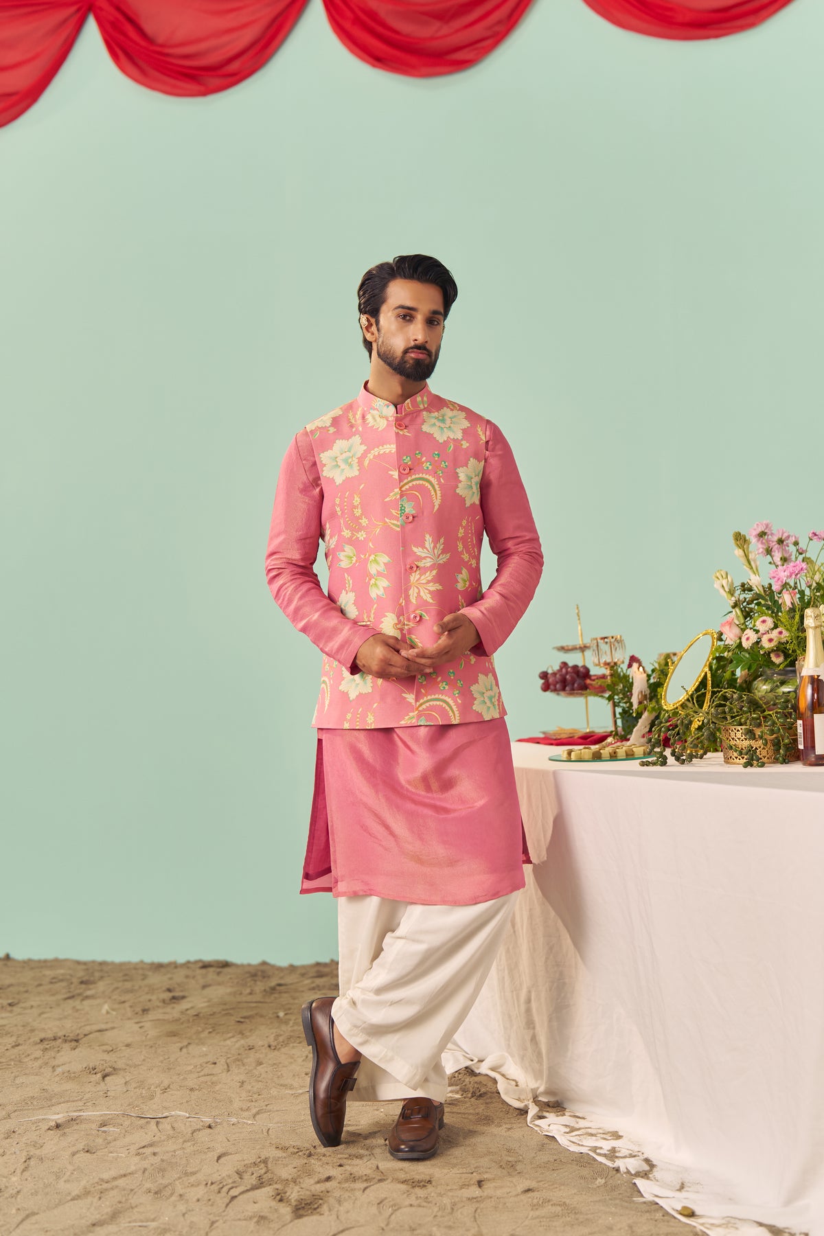 Pink Chintz Tissue Silk Printed Nehru Jacket Set